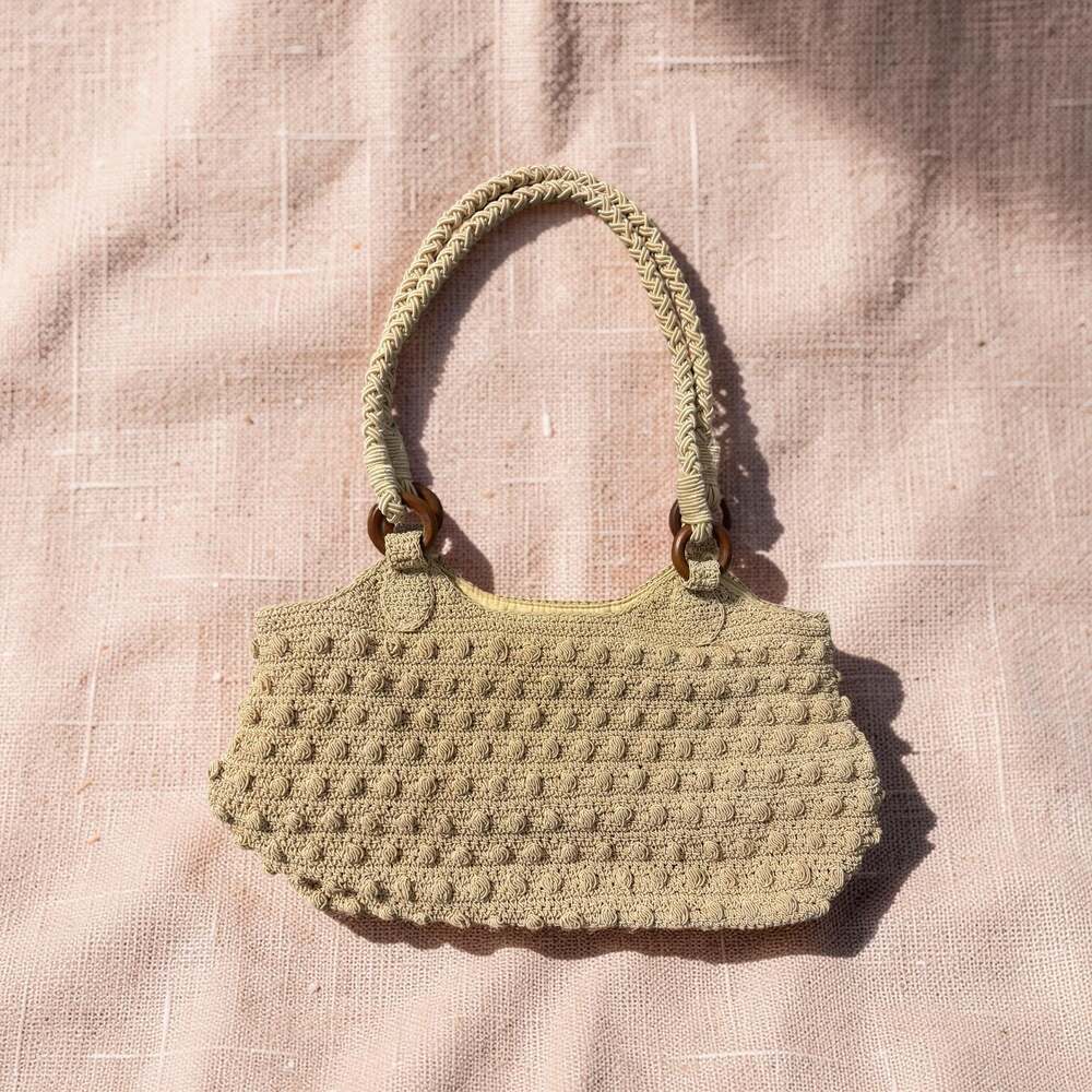 Studio Works Vintage Cream Macrame Crochet Shoulder Bag Wood Rings. Clean